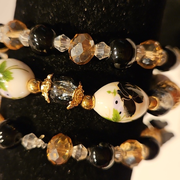 3 Black & White & Goldtone Glass & Crystal Beaded Stretch Bracelet Set - Picture 7 of 9
